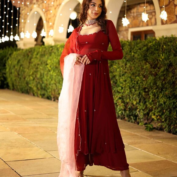 Maroon Blush Embroidered Georgette Suit Set, S-XL US Size Free Shipping - Picture 6 of 6